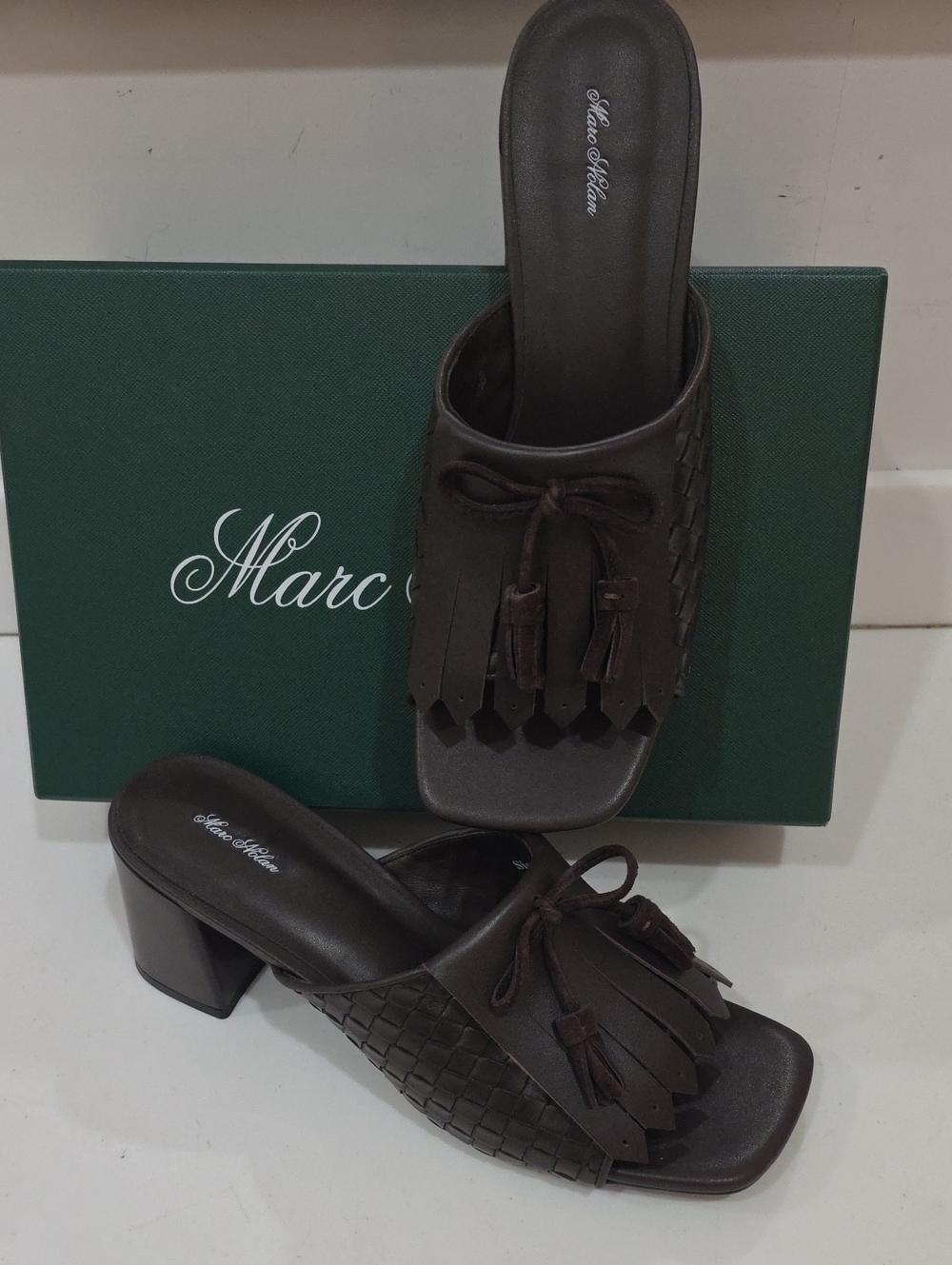 NIB Marc Espresso Sienna Dark Brown Woven Tassel Leather Slide Heels